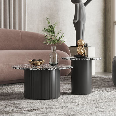 Beige Marble Living Room Coffee Table Round With Wooden Base