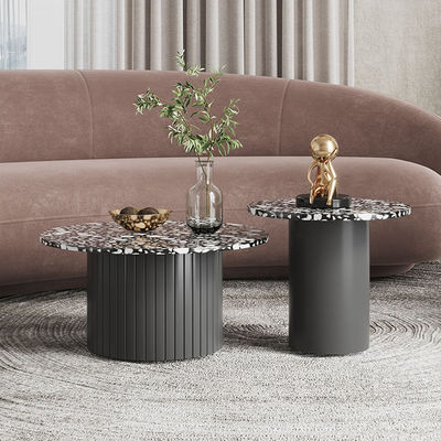 Beige Marble Living Room Coffee Table Round With Wooden Base
