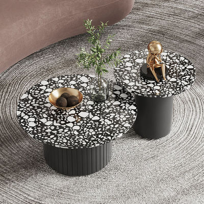 Beige Marble Living Room Coffee Table Round With Wooden Base
