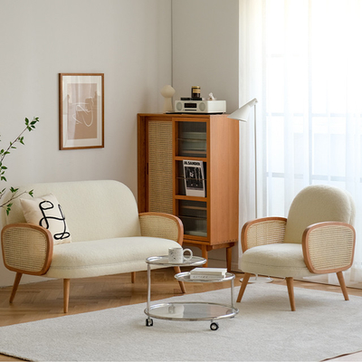 Solid Wood Rattan Modern Fabric Sofa Set Cloth Single Leisure Chair