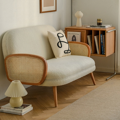 Solid Wood Rattan Modern Fabric Sofa Set Cloth Single Leisure Chair